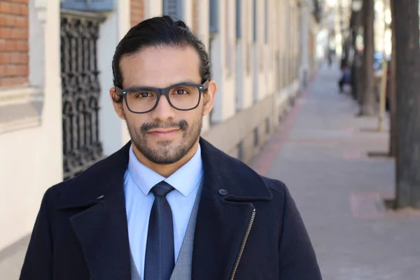 Close Retrato Bonito Jovem Empresário Casaco Óculos — Fotografia de Stock