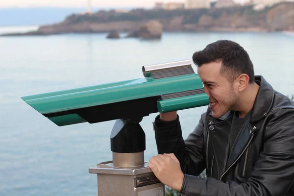 Close Portrait Handsome Young Man Looking Binoculars Seashore — Stock Photo, Image