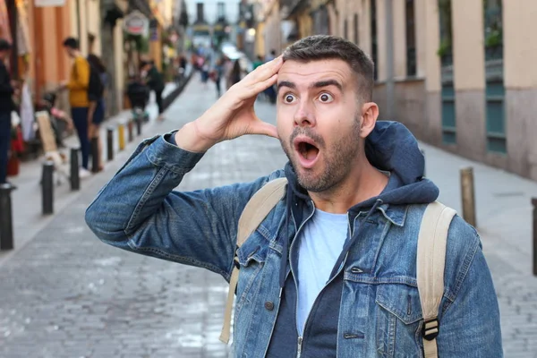 Portrait Gros Plan Beau Jeune Homme Vêtu Une Veste Denim — Photo