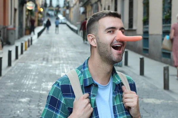 Close Portrait Handsome Young Man Casual Clothes Long Nose Street — Stock Photo, Image