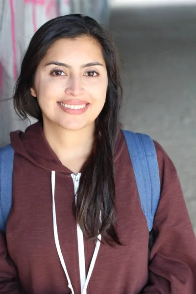 Young Ethnic Female Student Standing Outdoors Daytime — 스톡 사진