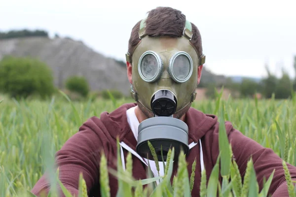 Man Wearing Breathing Mask Wheat Field — 스톡 사진