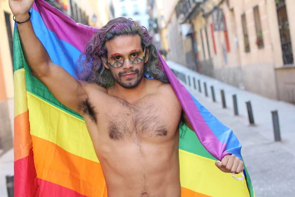 Nahaufnahme Porträt Eines Hübschen Jungen Hemdlosen Schwulen Mannes Mit Lgbt — Stockfoto