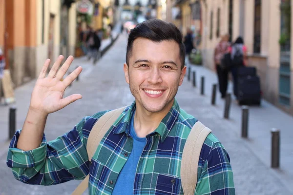 Close Portrait Handsome Young Man Casual Plaid Shirt Waving Hand — Stock Photo, Image