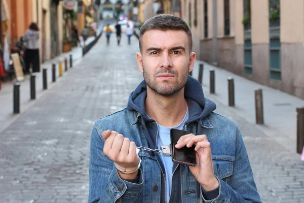 Nahaufnahme Porträt Eines Hübschen Jungen Mannes Jeansjacke Auf Der Straße — Stockfoto