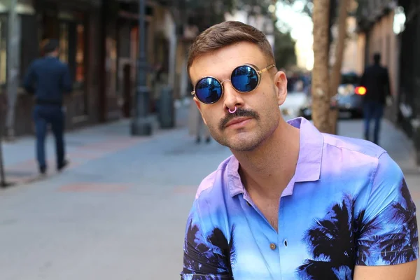 Close Portrait Handsome Young Man Stylish Purple Shirt Sunglasses Street — kuvapankkivalokuva