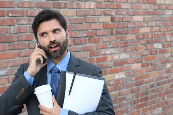 Emotional Man Listening Phone Enthusiasm Brick Wall Background — Stock Photo, Image