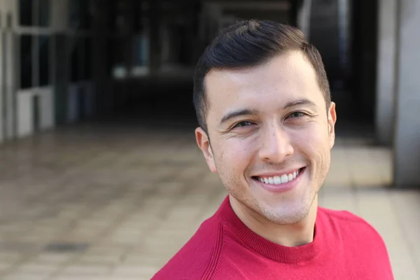 Close Portrait Handsome Young Man Red Sweatshirt Street — ストック写真