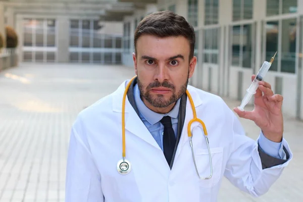 Close Portrait Handsome Young Doctor Syringe Street — Stock Photo, Image