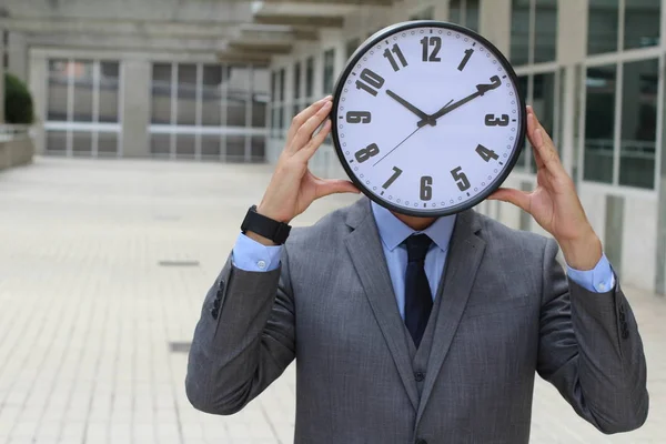 Businessman Holding Big Vintage Clock — Stock Photo, Image