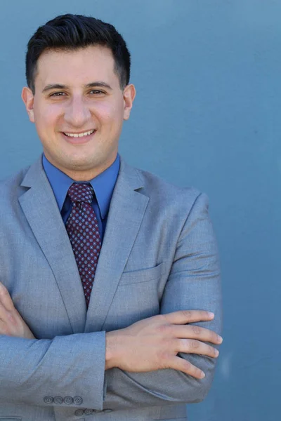 Close Portrait Handsome Young Businessman Front Blue Wall — Stock Photo, Image