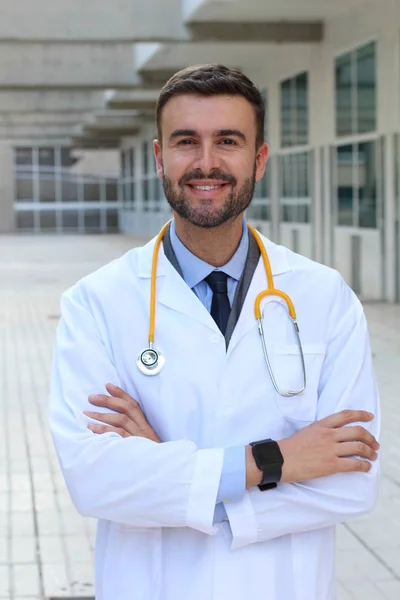 Close Portrait Handsome Young Doctor Crossed Arms Street — Stock Photo, Image