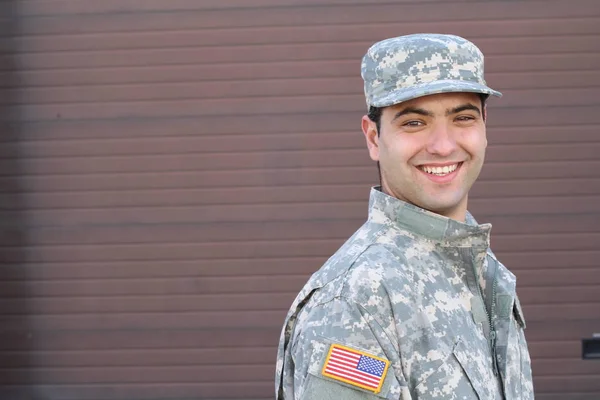 Close Portrait Handsome Young Soldier Brown Wall Background — Stock Photo, Image