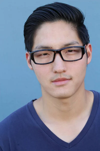 Close Portrait Handsome Young Asian Man Blue Shirt Front Blue — Stock Photo, Image