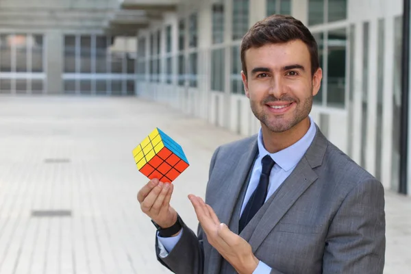 Portrait Gros Plan Beau Jeune Homme Affaires Tenant Rubics Cube — Photo