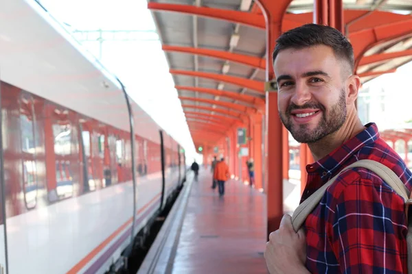 Close Portrait Handsome Young Man Backpack Train Station — 스톡 사진