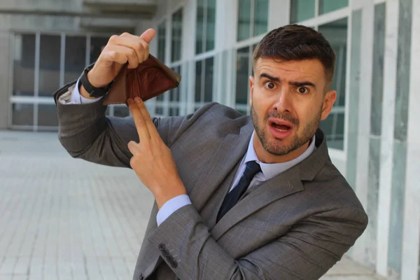 Close Portrait Handsome Young Businessman Holding Empty Wallet Street — 스톡 사진