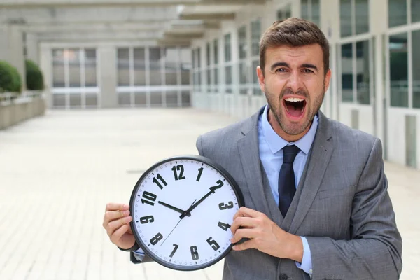 Businessman Holding Big Vintage Clock — Stock Photo, Image