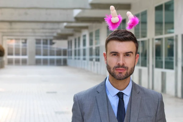 Close Portrait Handsome Young Businessman Funny Crown Street — Stock Photo, Image