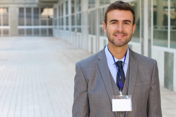 Close Retrato Belo Jovem Empresário Terno Cinza Rua — Fotografia de Stock