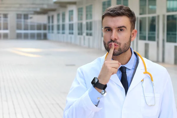 Close Portrait Handsome Young Doctor Showing Silence Gesture Street — 스톡 사진