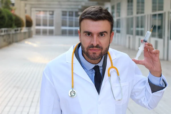 Close Portrait Handsome Young Doctor Syringe Street — Stock Photo, Image