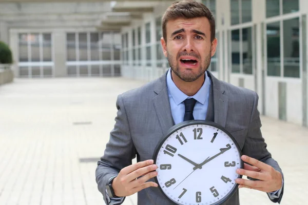 Businessman Holding Big Vintage Clock — Stock Photo, Image