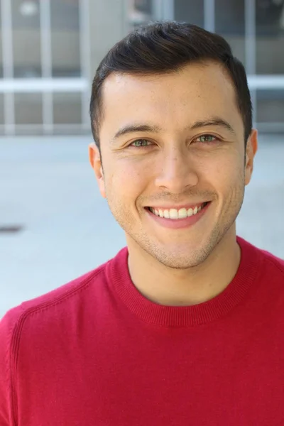 Close Portrait Handsome Young Man Red Sweatshirt Street — ストック写真