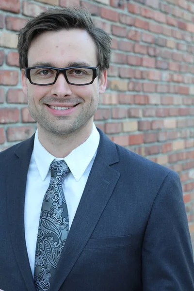 Close Shot Handsome Young Businessman Front Brick Wall — 스톡 사진