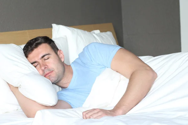 Ethnic Man Deeply Slept Comfy Bed — Stock Photo, Image