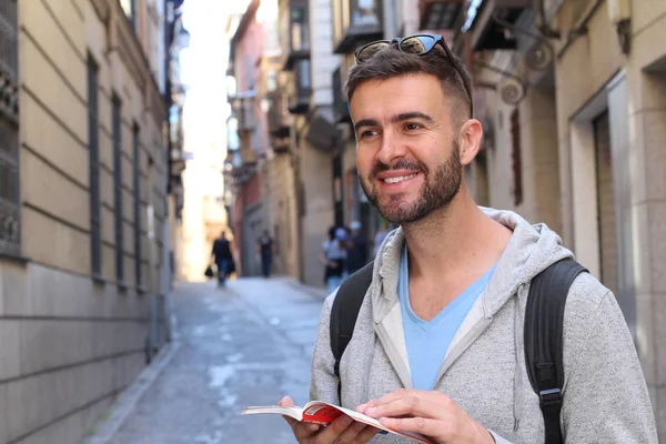 Close Portrait Handsome Young Man Backpack Book City Street — 스톡 사진