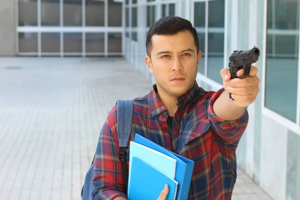 Nahaufnahme Porträt Einer Hübschen Jungen Studentin Mit Waffe Auf Der — Stockfoto