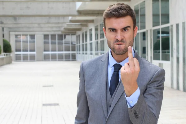 Homem Negócios Mal Humorado Mostrando Dedo Médio — Fotografia de Stock