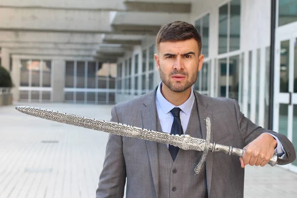 Close Portrait Handsome Young Businessman Sword Street — Stock Photo, Image