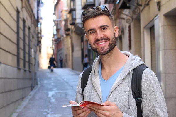 Close Portrait Handsome Young Man Backpack Book City Street — 스톡 사진