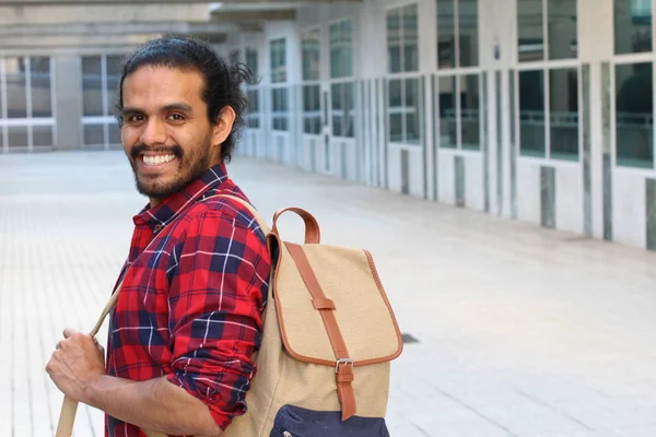 Ritratto Ravvicinato Bel Giovane Studente Razza Mista Camicia Quadri Rossa — Foto Stock