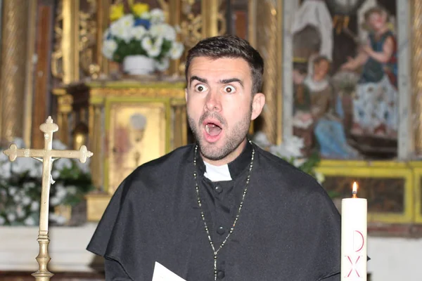 Close Portrait Handsome Young Priest Shocked Expression Church — Stock Photo, Image