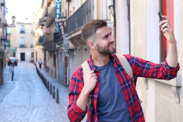 Close Portrait Handsome Young Man Backpack Taking Selfie Smartphone Old — 스톡 사진