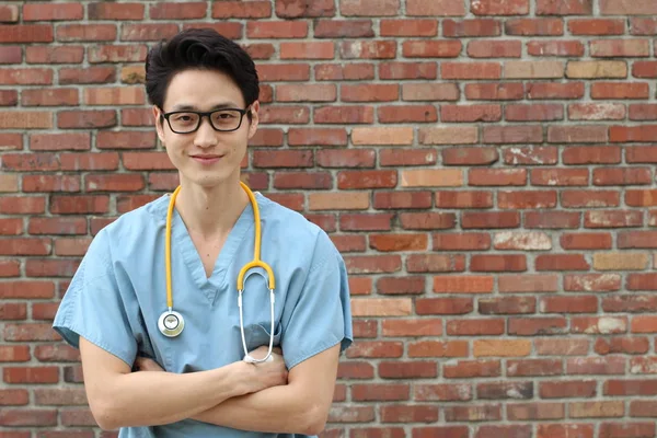 Close Portrait Handsome Young Asian Doctor Stethoscope Street — Stock Photo, Image