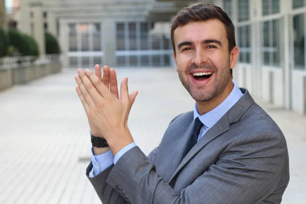 Close Portrait Handsome Young Businessman Clapping Hands Street — Stock Photo, Image