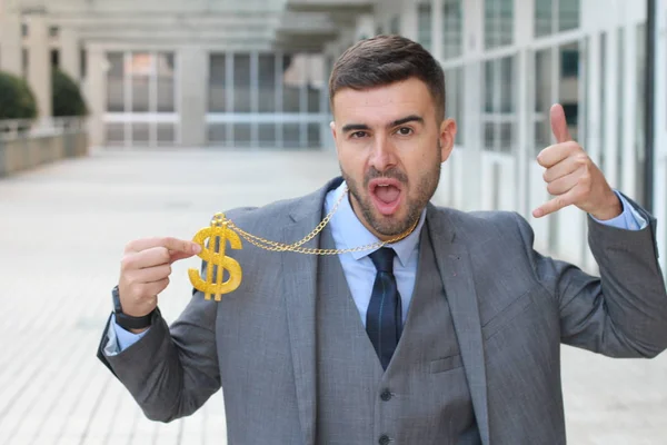 Close Portrait Handsome Young Businessman Suit Grimacing Dollar Sign Chain — Stockfoto