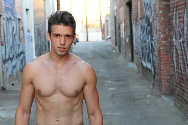 Close Portrait Handsome Shirtless Young Man Street — Stock Photo, Image