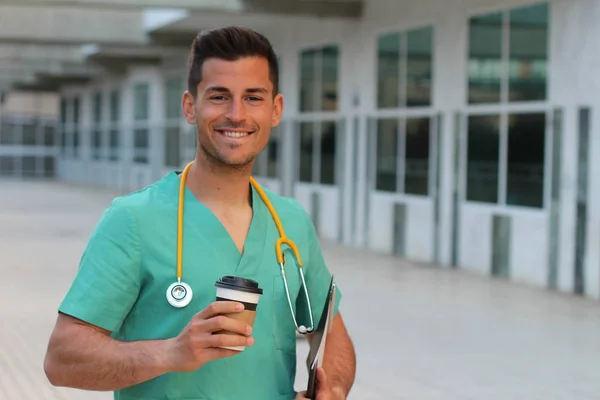 Trabalhador Saúde Entrada Hospital Com Espaço Cópia — Fotografia de Stock