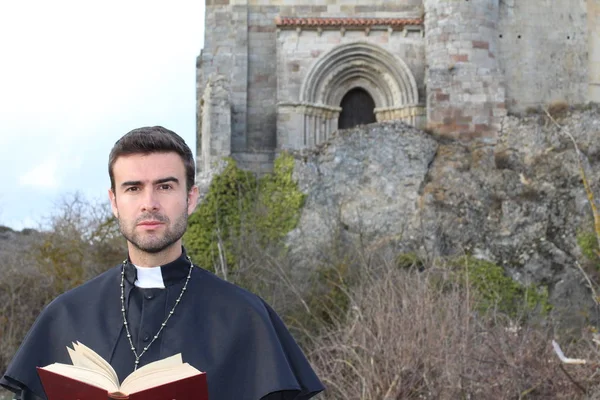 Close Portrait Handsome Young Priest Front Ancient Cathedral — Stock Photo, Image