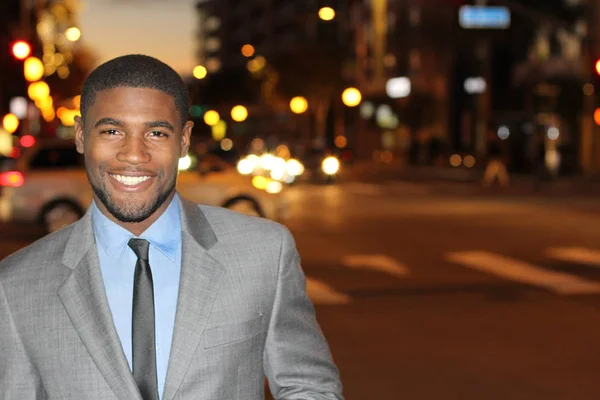 Close Portrait Handsome Young African American Businessman Street Night — Stock Photo, Image