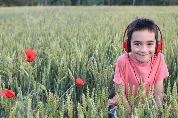 红色T恤 红色耳机 站在郁金香地里的可爱男孩的画像 — 图库照片