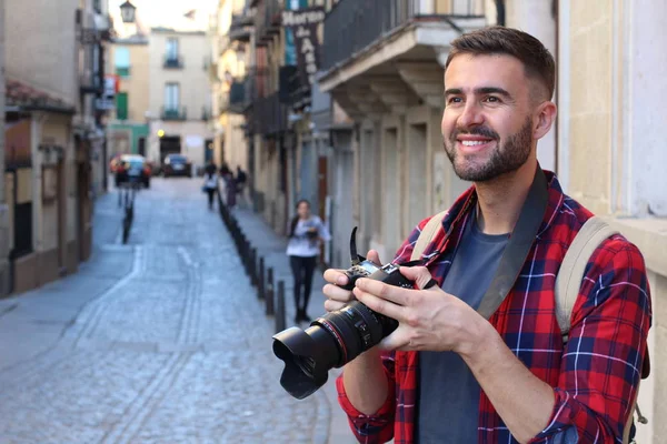Close Portrait Handsome Young Man Backpack Dslr Camera Old City — 스톡 사진
