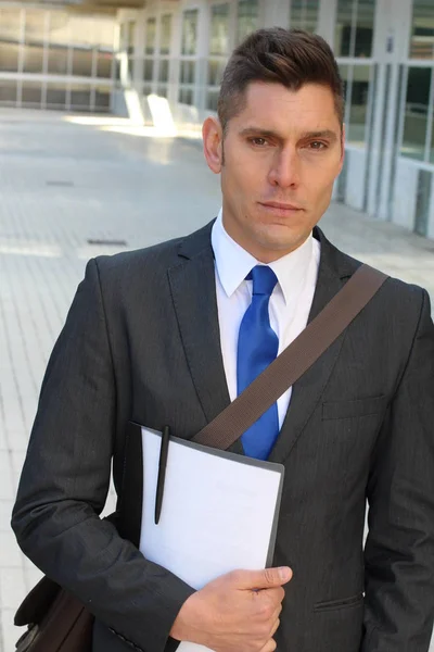 Close Portrait Handsome Young Businessman Suit Street — Stock Photo, Image