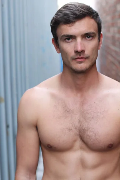 Close Portrait Handsome Shirtless Young Man Street — Stock Photo, Image