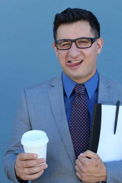 Close Portrait Handsome Young Businessman Front Blue Wall — Stock Photo, Image